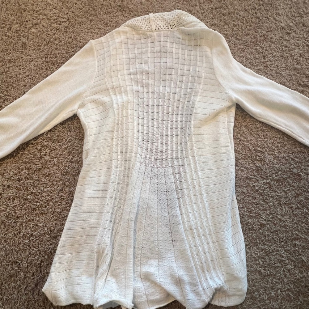 NY Collection Woman White Open Front Knit Cardigan Sweater Duster Pointelle - Picture 4 of 4